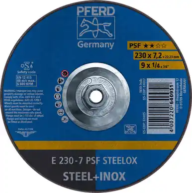 PFERD 61007 9" x 1/4" Grinding Wheel 5/8-11 Thd. A 24 L PSF-INOX Type 27 (10pk)