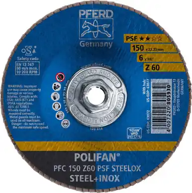 PFERD 63077 6" x 5/8-11 POLIFAN Flap Disc - Conical PSF Zirconia 60G (10pk)