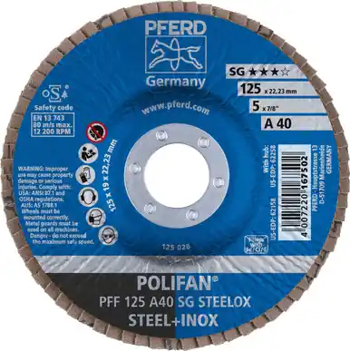 PFERD 62158 5" x 7/8" POLIFAN Flap Disc - Flat SG Aluminum Oxide 40G (10pk)