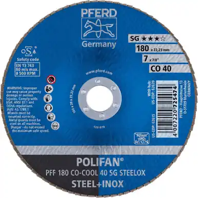 PFERD 62615 7" x 7/8" POLIFAN Flap Disc - Flat SGP Ceramic Oxide COOL 40G (10pk)