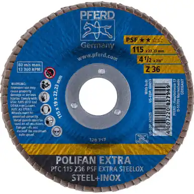 PFERD 60625 4-1/2" x 7/8" POLIFAN Flap Disc - Conical PSF-EXTRA Zirconia 36G (10pk)