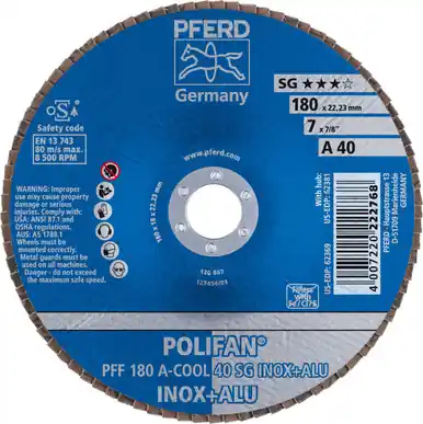 PFERD 62369 7" x 7/8" POLIFAN Flap Disc - Flat SG Aluminum Oxide COOL 40G (10pk)