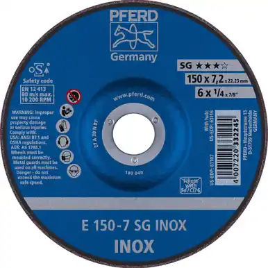 PFERD 61107 6" x 1/4" Grinding Wheel, 7/8" AH A 30 N SG-INOX - Type 27 (10pk)