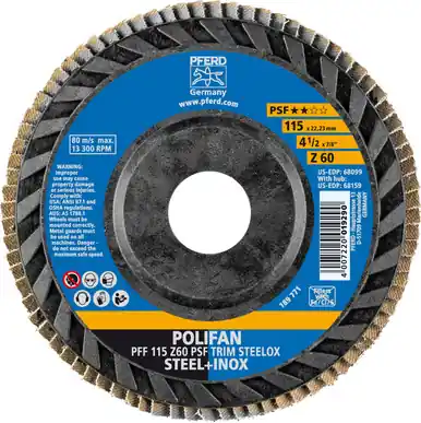 PFERD 68099 4-1/2" x 7/8" POLIFAN Flap Disc - Flat PSF-EXTRA TRIM-BACK Zirconia 60G (10pk)