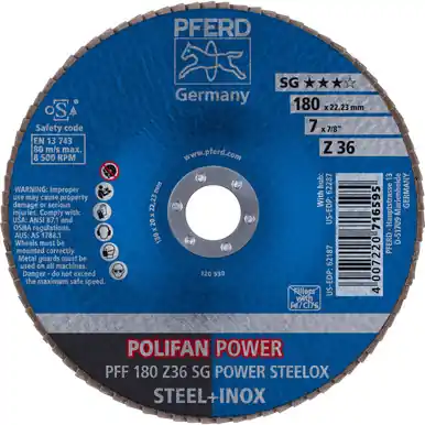 PFERD 62187 7" x 7/8" POLIFAN Flap Disc - Flat Z SG POWER STEELOX Zirconia 36G (10pk)
