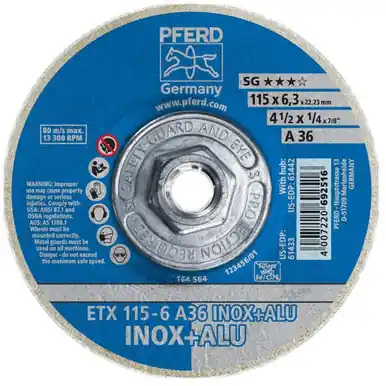 PFERD 61442 4-1/2" x 1/4" Textile Wheel, 5/8-11 Thd. A 36 TXF-INOX - Type 27 (10pk)