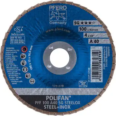 PFERD 62140 4" x 5/8" POLIFAN Flap Disc - Flat SG Aluminum Oxide 40G (10pk)