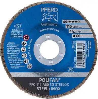 PFERD 62203 4-1/2" x 7/8" POLIFAN Flap Disc - Conical SG Aluminum Oxide 60G (10pk)
