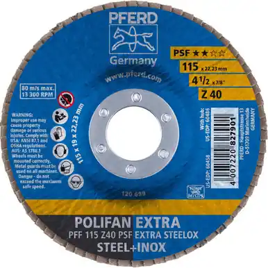 PFERD 60458 4-1/2" x 7/8" POLIFAN Flap Disc - Flat PSF-EXTRA Zirconia 40G (10pk)