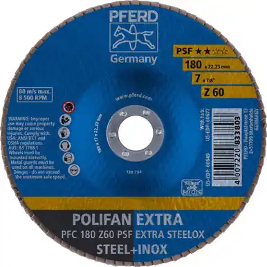 PFERD 60649 7" x 7/8" POLIFAN Flap Disc - Conical PSF-EXTRA Zirconia 60G (10pk)