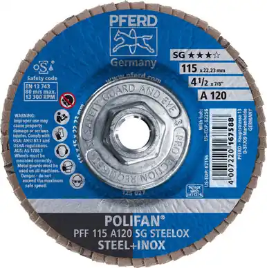 PFERD 62256 4-1/2" x 5/8-11 POLIFAN Flap Disc - Flat SG Aluminum Oxide 120G (10pk)
