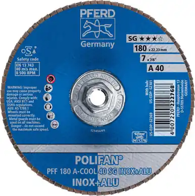 PFERD 62381 7" x 5/8-11 POLIFAN Flap Disc - Flat SG Aluminum Oxide COOL 40G (10pk)