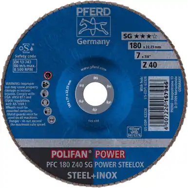 PFERD 62228 7" x 7/8" POLIFAN Flap Disc - Conical SG Zirconia 40G (10pk)
