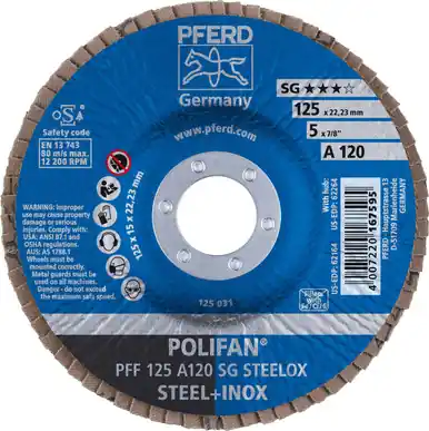 PFERD 62164 5" x 7/8" POLIFAN Flap Disc - Flat SG Aluminum Oxide 120G (10pk)