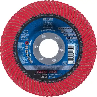 PFERD 67381 4-1/2" x 7/8" POLIFAN CURVE Flap Disc SGP Ceramic Oxide 60G Large Radius (10pk)