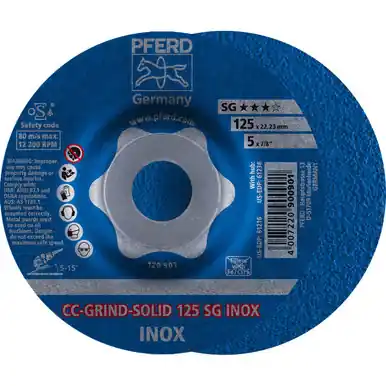 PFERD 61216 5" CC-GRIND-SOLID 7/8" A.H. - SG for STAINLESS / INOX (10pk)