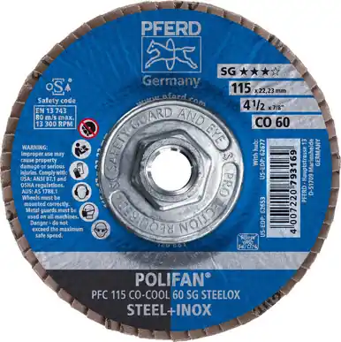 PFERD 62677 4-1/2" x 5/8-11 POLIFAN Flap Disc - Conical SGP Ceramic Oxide COOL 60G (10pk)