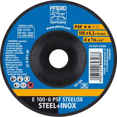 PFERD 61000 4" x 1/4" Grinding Wheel, 5/8" AH A 24 L PSF-INOX - Type 27 (10pk)