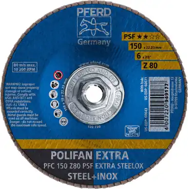 PFERD 60671 6" x 5/8-11 POLIFAN Flap Disc - Conical PSF-EXTRA Zirconia 80G (10pk)