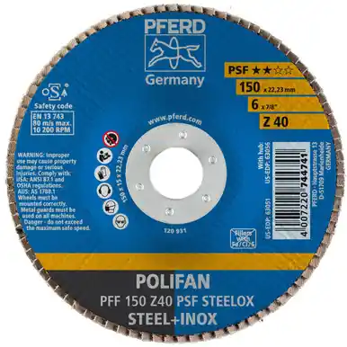 PFERD 63051 6" x 7/8" POLIFAN Flap Disc - Flat PSF Zirconia 40G (10pk)