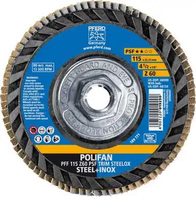 PFERD 68159 4-1/2" x 5/8-11 POLIFAN Flap Disc - Flat PSF-EXTRA TRIM-BACK Zirconia 60G (10pk)