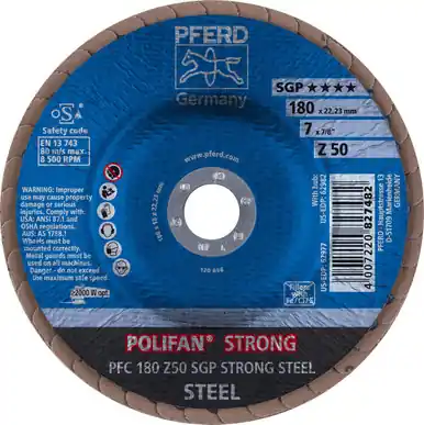 PFERD 62977 7" x 7/8" POLIFAN STRONG Flap Disc SGP Conical Zirconia 50G (10pk)