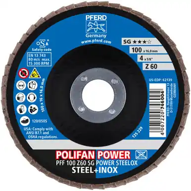 PFERD 62139 4" x 5/8" POLIFAN Flap Disc - Flat SG Zirconia 60G (10pk)