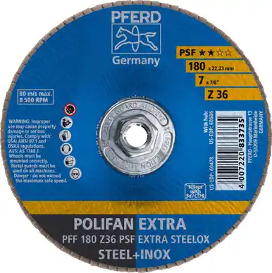 PFERD 60506 7" x 5/8-11 POLIFAN Flap Disc - Flat PSF-EXTRA Zirconia 36G (10pk)