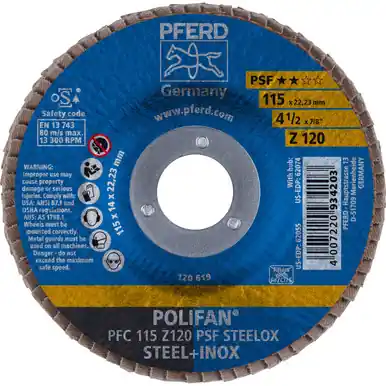 PFERD 62055 4-1/2" x 7/8" POLIFAN Flap Disc - Conical PSF Zirconia 120G (10pk)