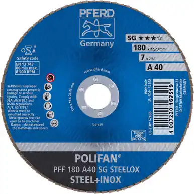 PFERD 62168 7" x 7/8" POLIFAN Flap Disc - Flat SG Aluminum Oxide 40G (10pk)