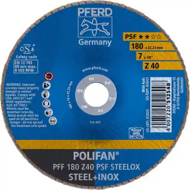 PFERD 62024 7" x 7/8" POLIFAN Flap Disc - Flat PSF Zirconia 40G (10pk)
