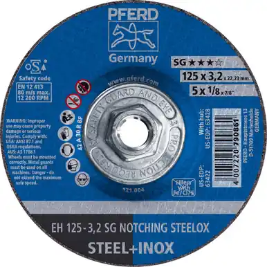 PFERD 63428 5" x 1/8" Notching Wheel 5/8-11 Thd. A 24 R SG-INOX Type 27 (10pk)