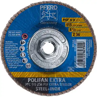PFERD 60653 4-1/2" x 5/8-11 POLIFAN Flap Disc - Conical PSF-EXTRA Zirconia 36G (10pk)