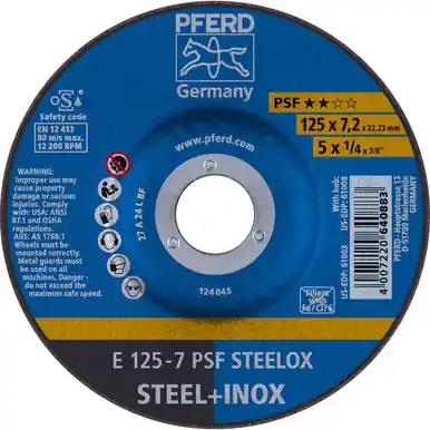 PFERD 61003 5" x 1/4" Grinding Wheel, 7/8" AH A 24 L PSF-INOX - Type 27 (10pk)
