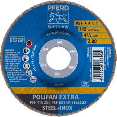 PFERD 60461 4-1/2" x 7/8" POLIFAN Flap Disc - Flat PSF-EXTRA Zirconia 80G (10pk)