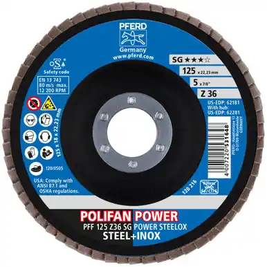 PFERD 62181 5" x 7/8" POLIFAN Flap Disc - Flat Z SG POWER STEELOX Zirconia 36G (10pk)