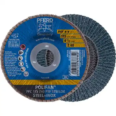 PFERD 62052 4-1/2" x 7/8" POLIFAN Flap Disc - Conical PSF Zirconia 40G (10pk)