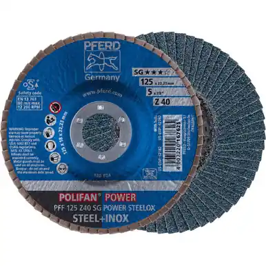 PFERD 62182 5" x 7/8" POLIFAN Flap Disc - Flat Z SG POWER STEELOX Zirconia 40G (10pk)