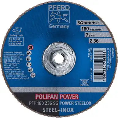 PFERD 62287 7" x 5/8-11 POLIFAN Flap Disc - Flat SG Zirconia 36G (10pk)