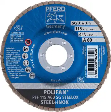 PFERD 62152 4-1/2" x 7/8" POLIFAN Flap Disc - Flat SG Aluminum Oxide 60G (10pk)