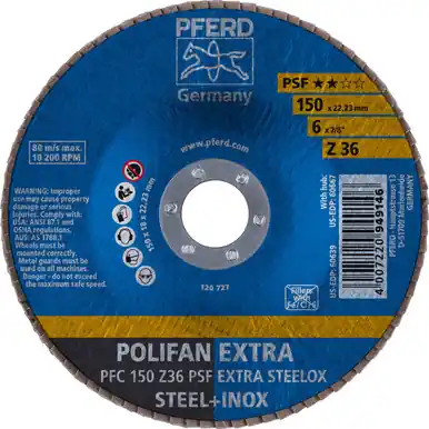 PFERD 60639 6" x 7/8" POLIFAN Flap Disc - Conical PSF-EXTRA Zirconia 36G (10pk)