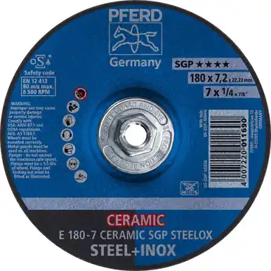 PFERD 60066 7" x 1/4" Grinding Wheel, 5/8-11 Thd. CO 24 Q SG, STEEL, STAINLESS, Type 27 (10pk)