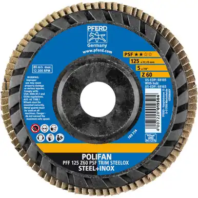 PFERD 68105 5" x 7/8" POLIFAN Flap Disc - Flat PSF-EXTRA TRIM-BACK Zirconia 60G (10pk)
