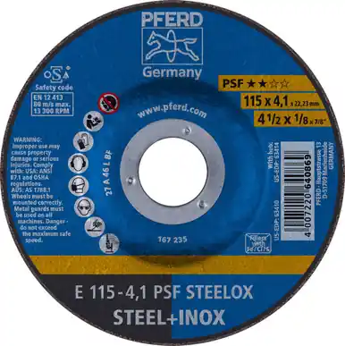 PFERD 63410 4-1/2" x 1/8" Pipeline Wheel, 7/8" AH 4.1mm, A 46 M PSF-INOX-PIPE, Type 27 (10pk)