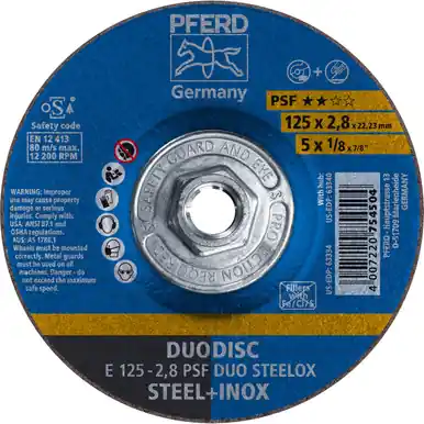 PFERD 63340 5" x 1/8" DUODISC Wheel 5/8-11 Thd. A 46 P PSF-INOX Type 27 (10pk)