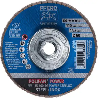 PFERD 62278 4-1/2" x 5/8-11 POLIFAN Flap Disc - Flat SG Zirconia 60G (10pk)