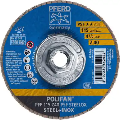 PFERD 62033 4-1/2" x 5/8-11 POLIFAN Flap Disc - Flat PSF Zirconia 40G (10pk)