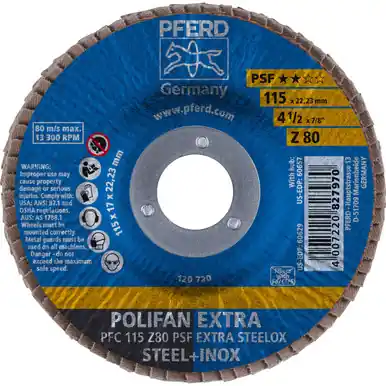 PFERD 60629 4-1/2" x 7/8" POLIFAN Flap Disc - Conical PSF-EXTRA Zirconia 80G (10pk)