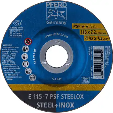 PFERD 61002 4-1/2" x 1/4" Grinding Wheel, 7/8" AH A 24 L PSF-INOX - Type 27 (10pk)