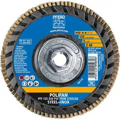 PFERD 68164 5" x 5/8-11 POLIFAN Flap Disc - Flat PSF-EXTRA TRIM-BACK Zirconia 40G (10pk)